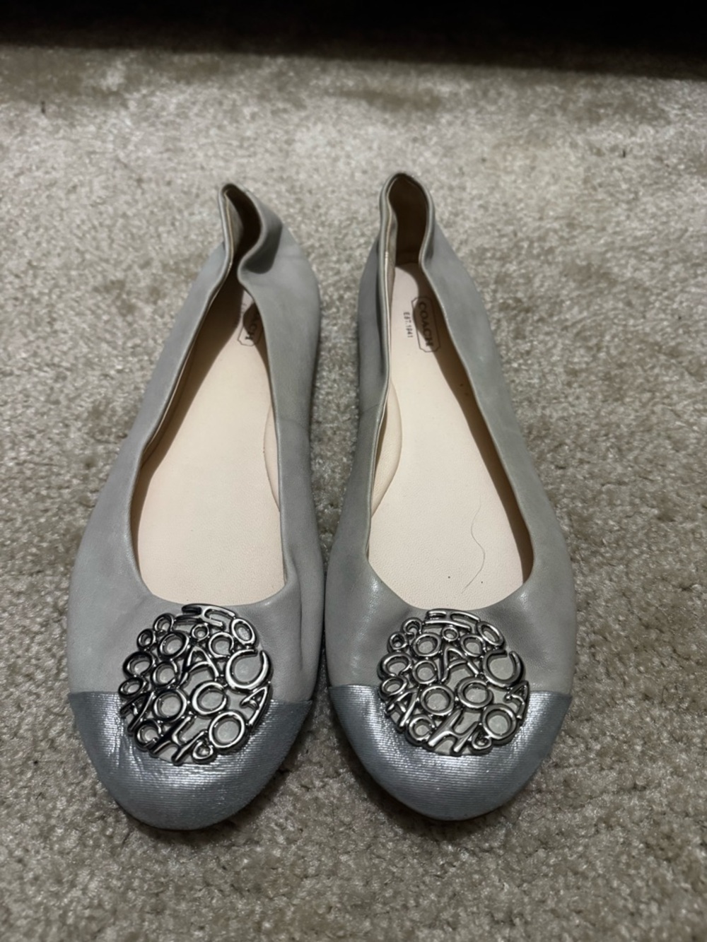 Authentic Coach Metallic Silver Ballet Flats | Signature Logo | Size 11